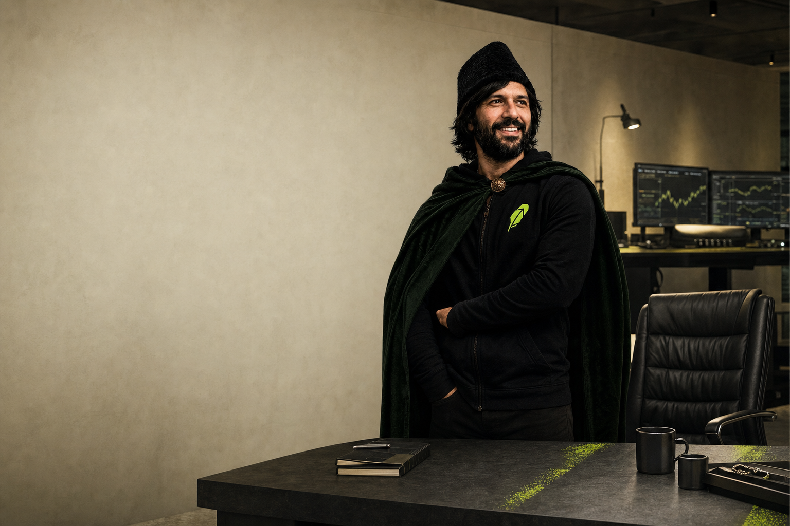 Baiju standing beside an empty leather chair at a trading desk with monitors